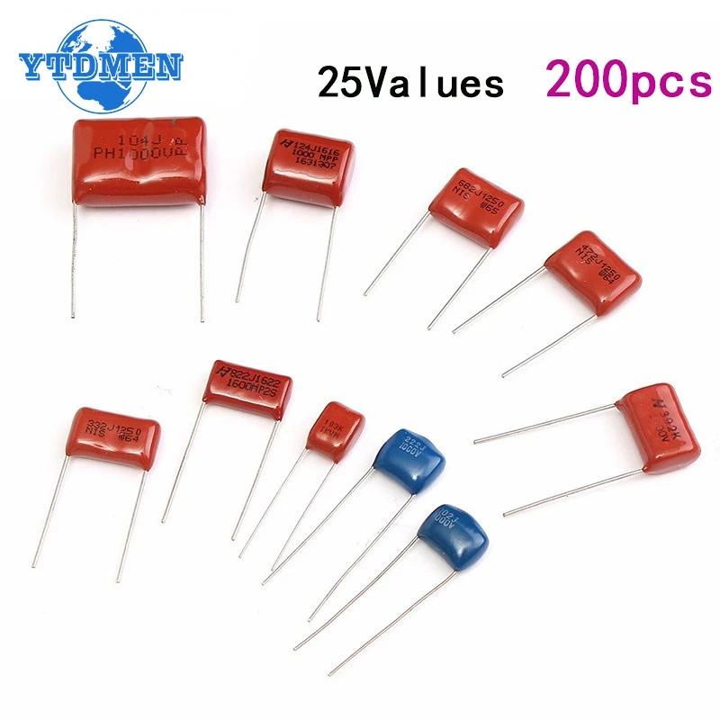 

200 ШТ. Набір металевих плівкових конденсаторів 630 В 0,001 мкФ - 2,2 мкФ Набір високочастотних конденсаторів 25 значень 0,1 мкФ 0,22 мкФ 0,33 мкФ 1 мкФ