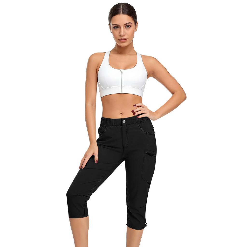 Women’s Stretch Waist Cargo Capri Pants with Multiple Pockets and Adjustable Hem for Outdoor Activities