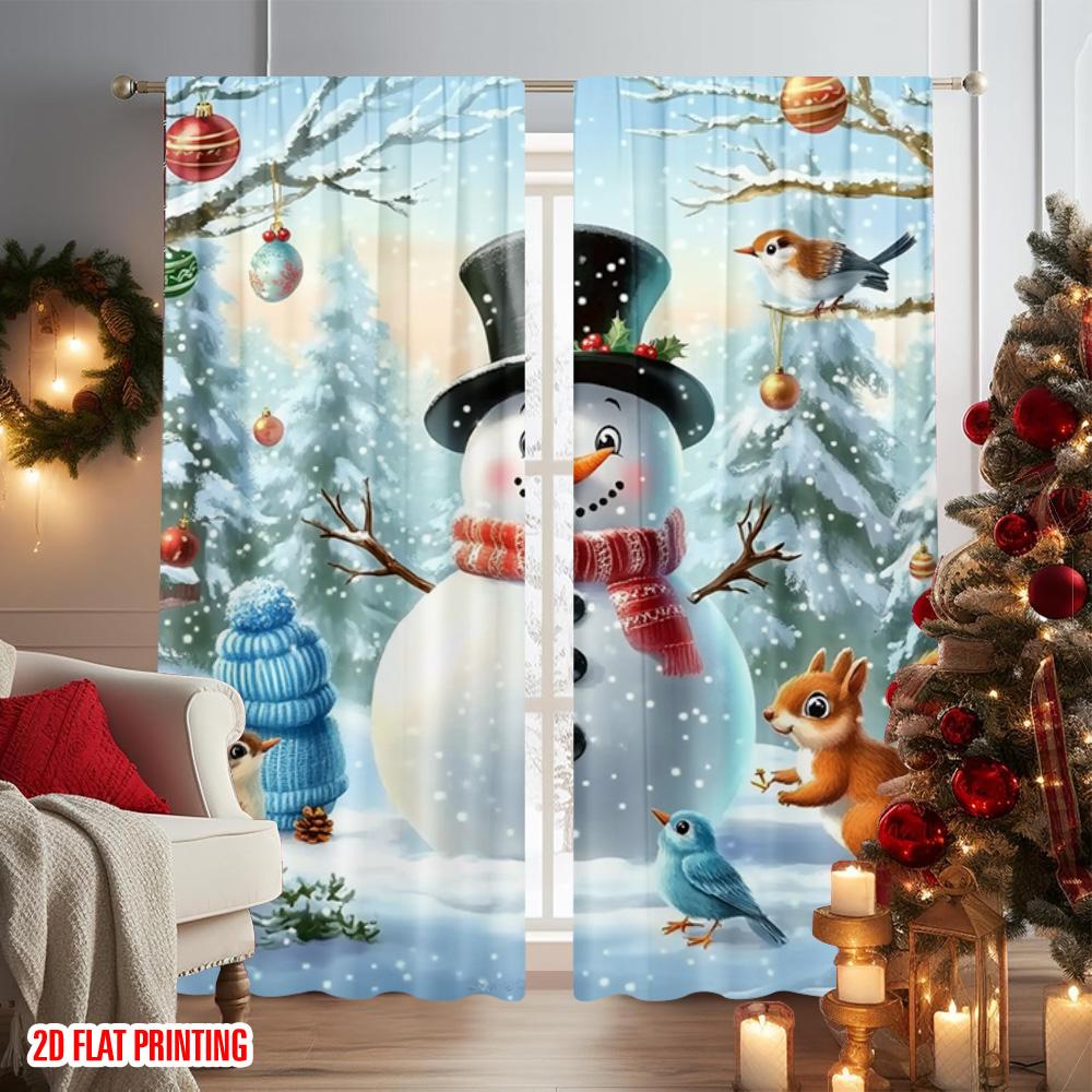 Set Of 2 Flat Printing Merry Christmas Curtains Winter Snowman Versatile Durable Polyester Without Electricity Festive Curtain