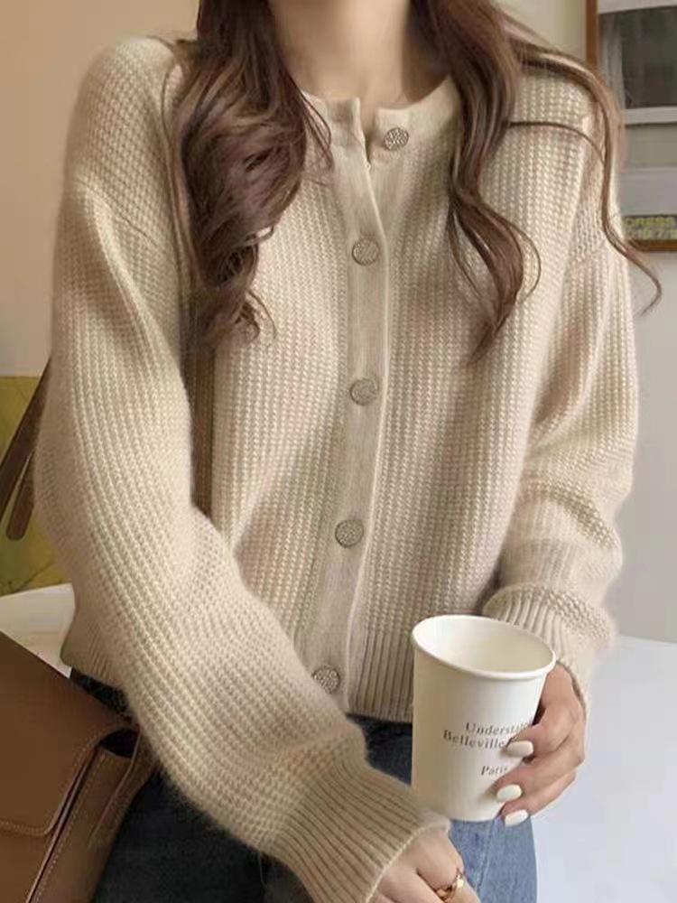 European 100% Pure Wool Knitted Cardigan: Women's Round Neck, Autumn/Winter, High-End Loose Fit Sweater Coat