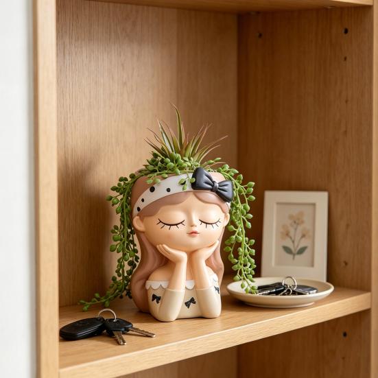 Cute Girl Face Planter, Resin Girl Head Planter, Decorative Small Plant Pot for Succulents Cactus Desk Balcony Decor