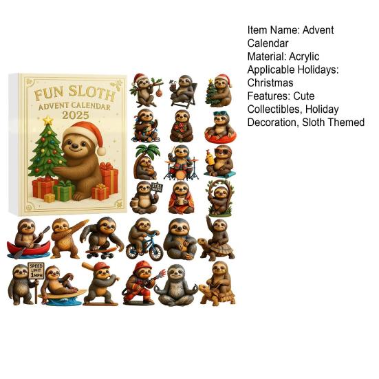 Sloth Advent Calendar Fun Christmas Decoration 24 Acrylic Sloth Collectibles 24-Day Countdown Calendar Holiday Gift for Sloth Lovers