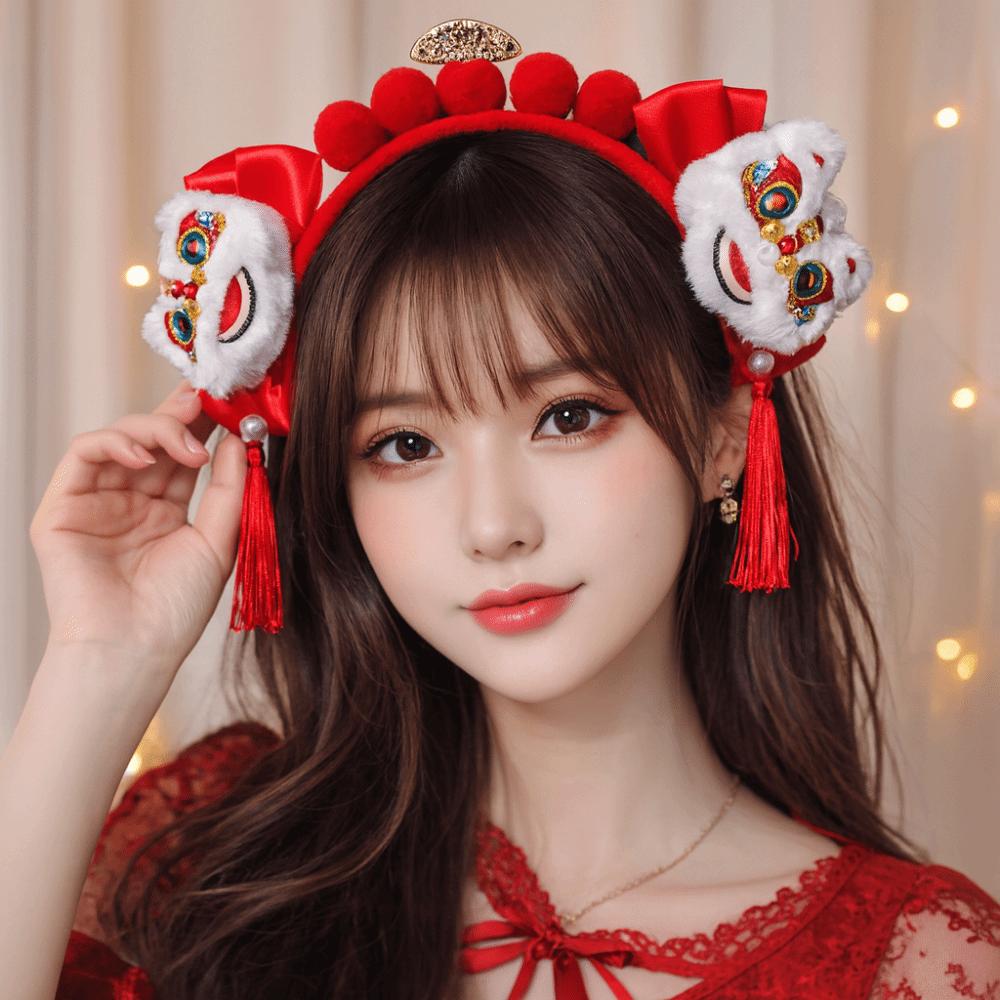 Good Luck Horse New Year Hair Hoop Headwear Embroidered Bow Ancient Style Hairband Bow Golden Lock Red Plush Headband Kids