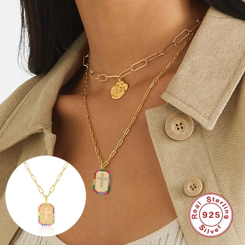 925 Sterling Silver Necklace For Women Color Cross Necklace Charms Chains Fine Jewelry Choker Bijoux Femme   Trend