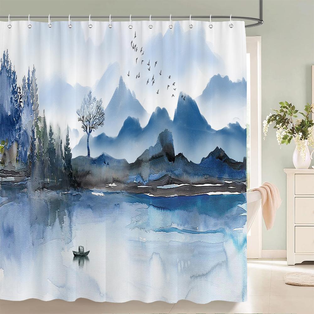 Chinese Ink Painting Landscape Bath Curtain Waterproof Shower Curtains Marble Pattern Bath Screen Printed Curtain For Bathroom