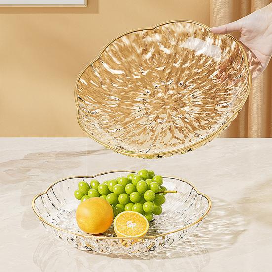 Clear Plastic Serving Bowl, Modern Fruit Bowl with Gold Rim, Multi-use Decorative Snack Bowl for Counter Home Decoration, Kitchen Dining Room Table