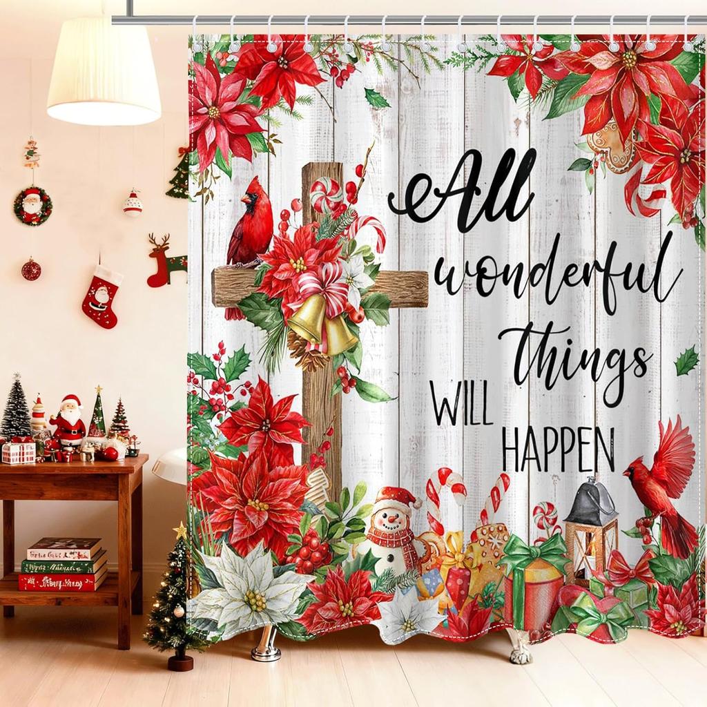 Cortina de Chuveiro de Natal Crucifixo de Natal Pássaros Cardeais Flor de Natal Cortina de Chuveiro Floral Para Decoração de Banheiro de Natal Pássaros Vermelhos