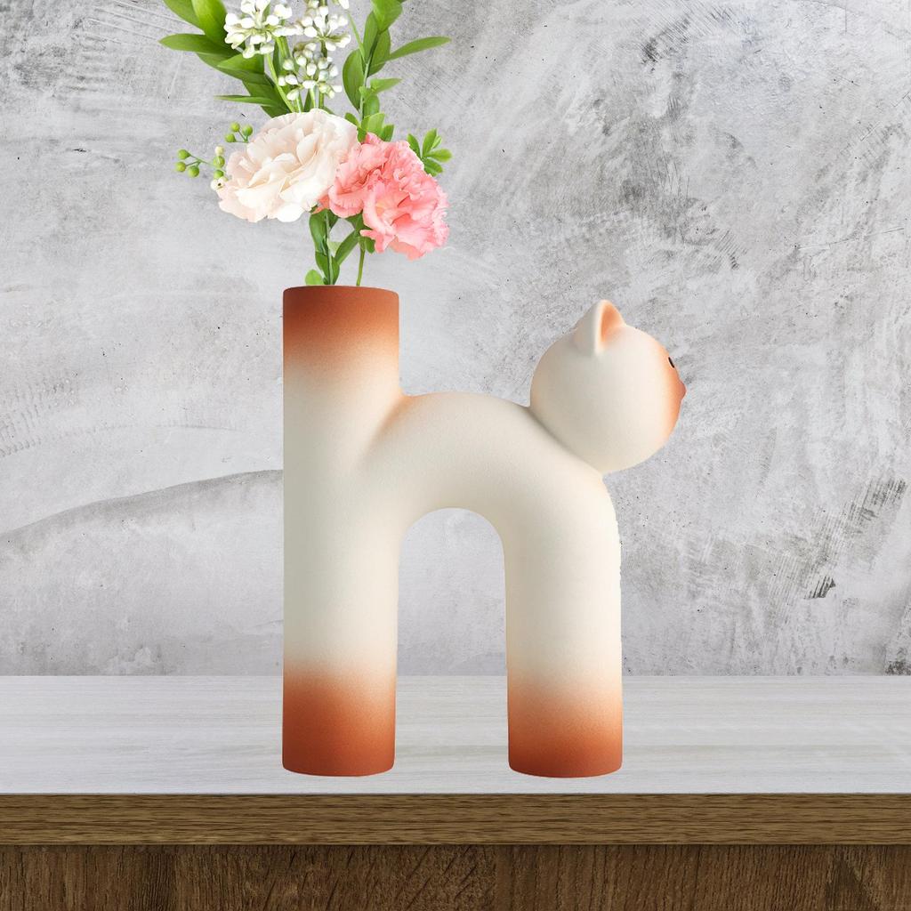Cat Shaped Ceramic Vase Cute U Tube Birthday Gift Kitty Decorative for Living Room