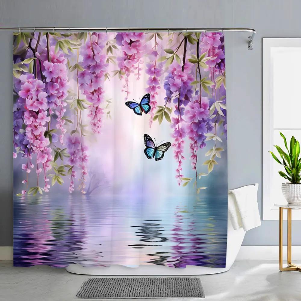 Spring Floral Hummingbird Shower Curtain for Bathroom Watercolor Flower Bird Modern Decor Machine Shower Curtains Bathroom Decor