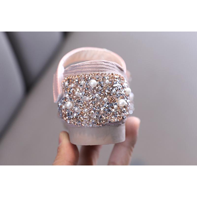 Girls Single Shoes Spring Autumn Pearl Rhinestone Bow Dance Performance Shoes Half Sandals for Little and Middle Kid