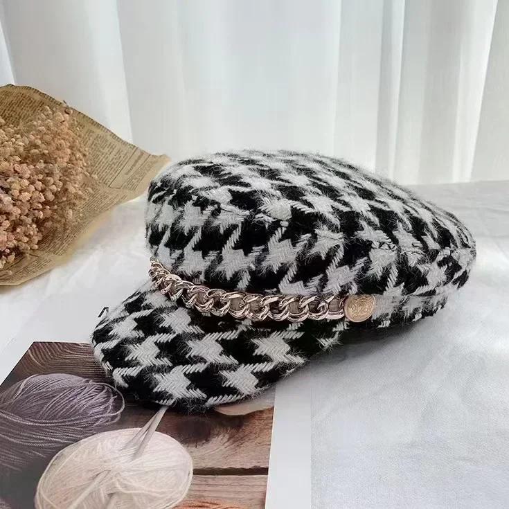 

Panama Women s Checkered Baseball Cap with Metal Chain - Black White Unisex Hat for Fall Winter, Casual Stylish Accessory 54-58CM чорний