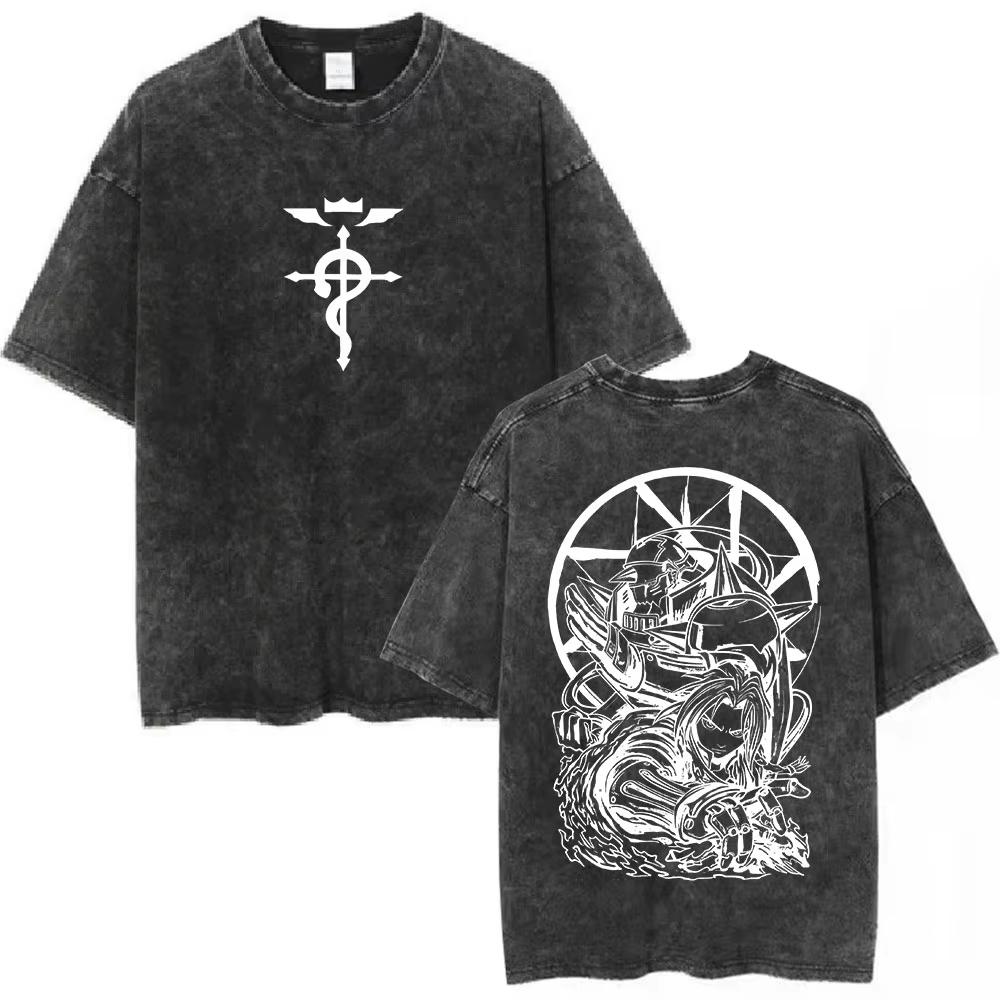 Anime Fullmetal Alchemist Graphic T‑Shirt Men Women Casual Oversized Vintage Washed Cotton Short Sleeve Streetwear Tee Tops