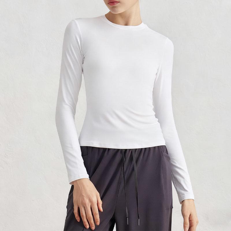 2025 Women s Long Sleeve High Elastic Yoga & Fitness Top - Spring/Autumn Slim Fit, Round Neck Small белый