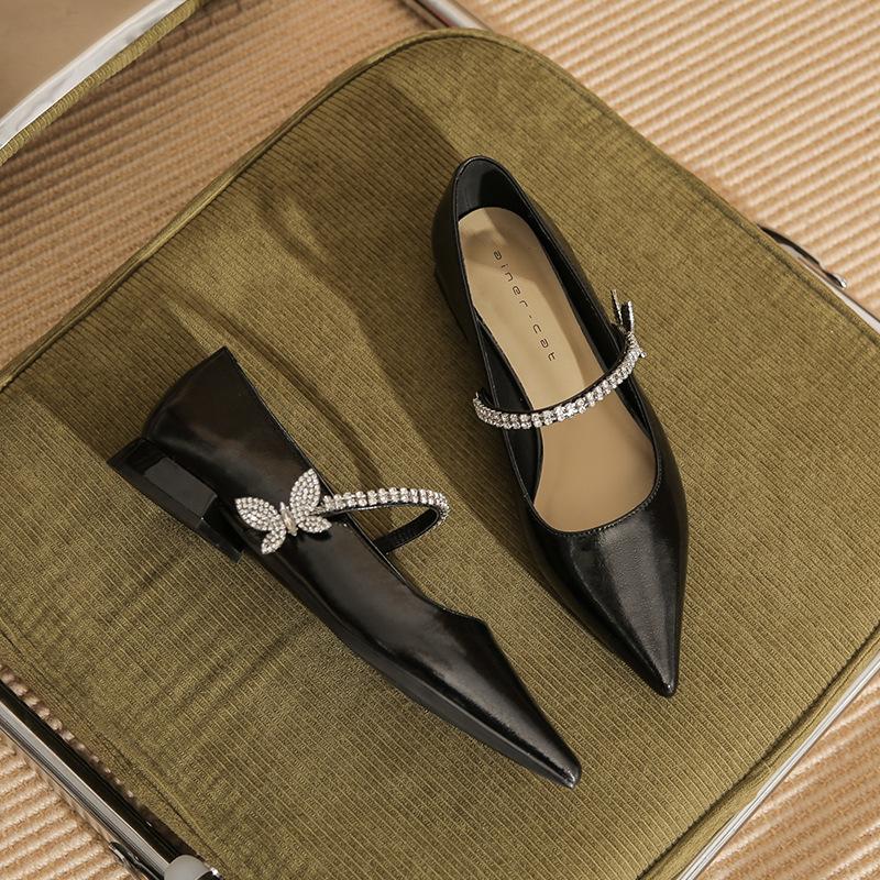 29811 [sheepskin] Thick Heel Flat Shoes Women's 2025 Pointed Rhinestone Bow Word with Mary Jane Single Shoes