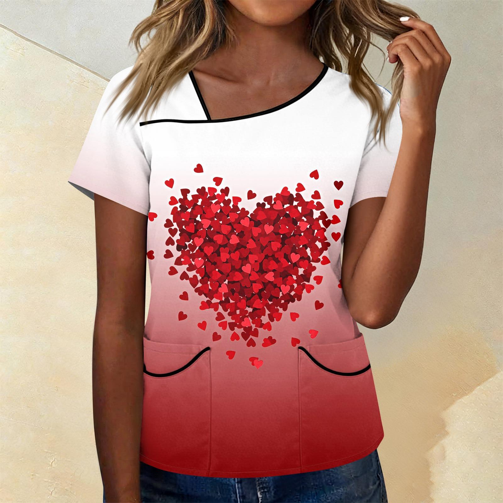 

Women s Printed Work Clothes With Skew Collar And Double Layer Pocket Basic Tops Pullover XL кавун червоний колір