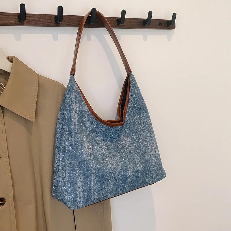 Elegant Large Capacity Tote Bag for Women  Versatile Shoulder Bag for Travel  Denim Bag Underarm  Fashionable Shoulder Bag
