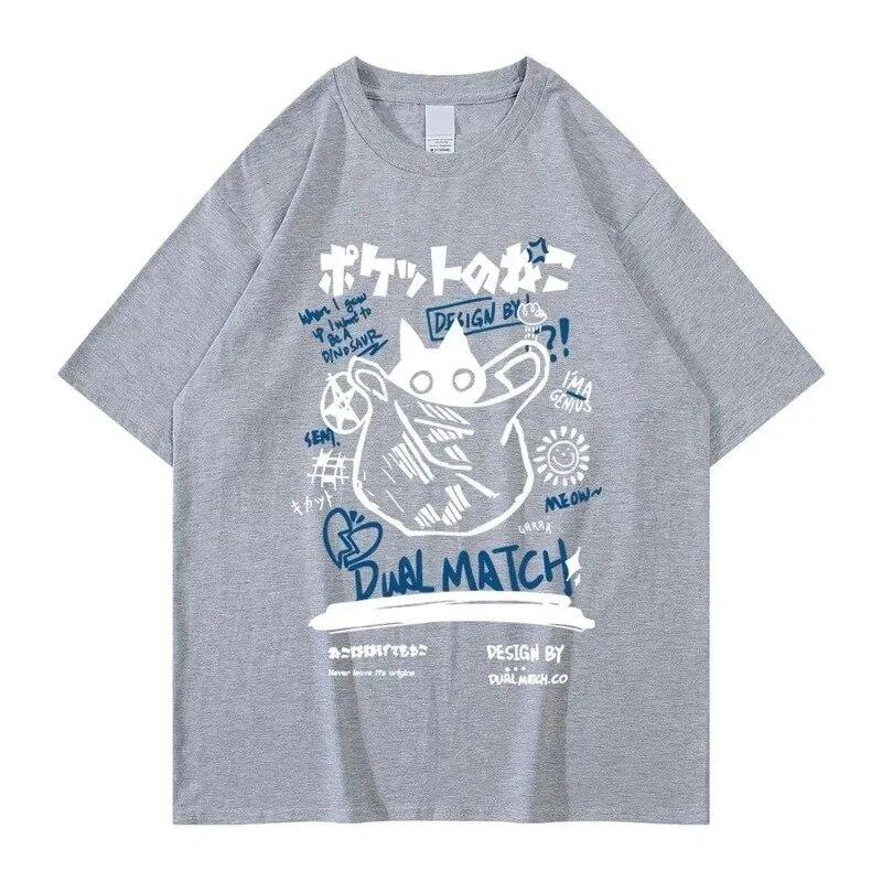 Unisex Women Cotton T-Shirt Japanese Kanji Funny Cat Printed T Shirt Harajuku Casual Short Sleeve Tshirt Streetwear Trend Tee Tops
