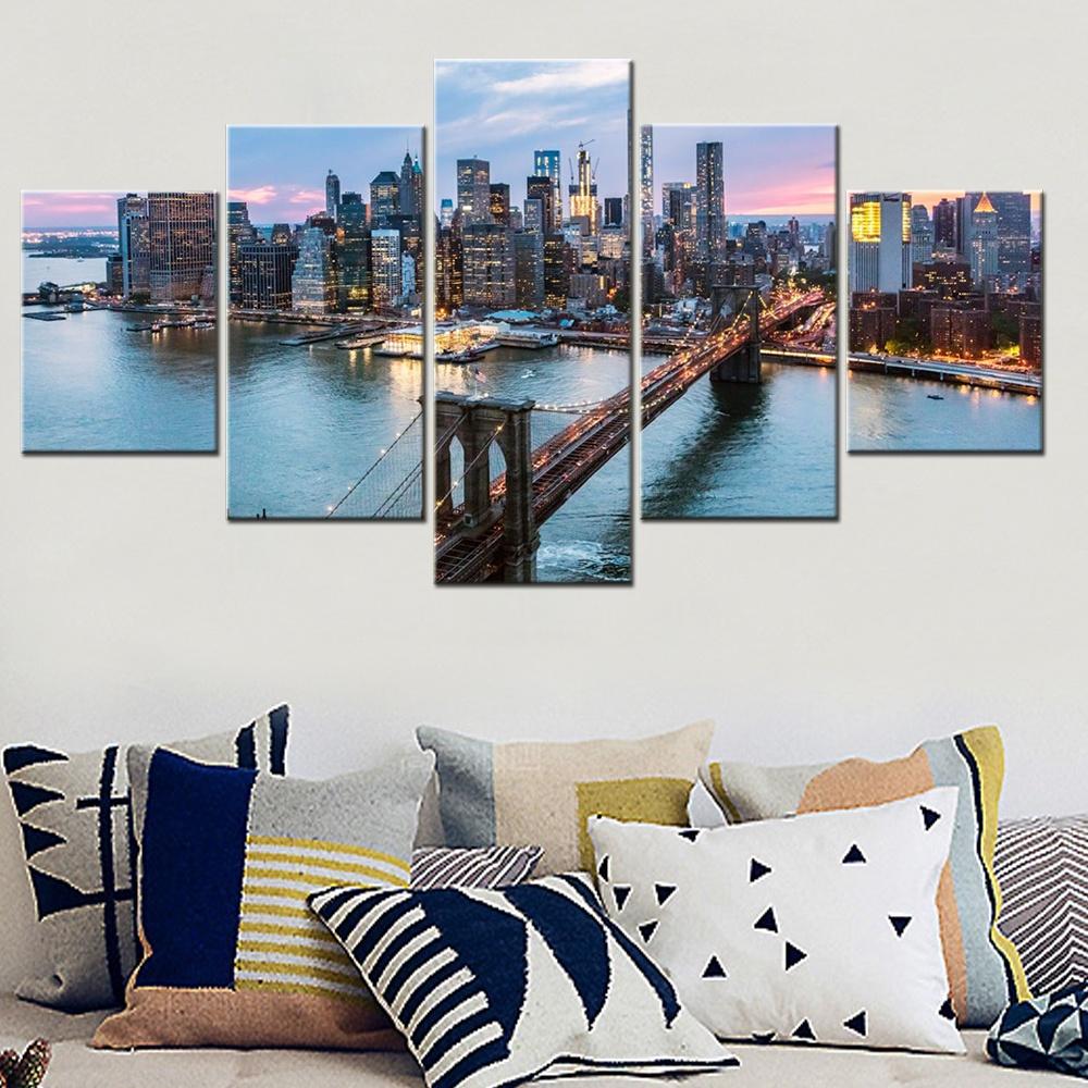 5 Pieces Canvas Wall Arts Cityscapes New York Skyline At Sunset Wallpaper Home Decor Picture Print For Living Room Artwork