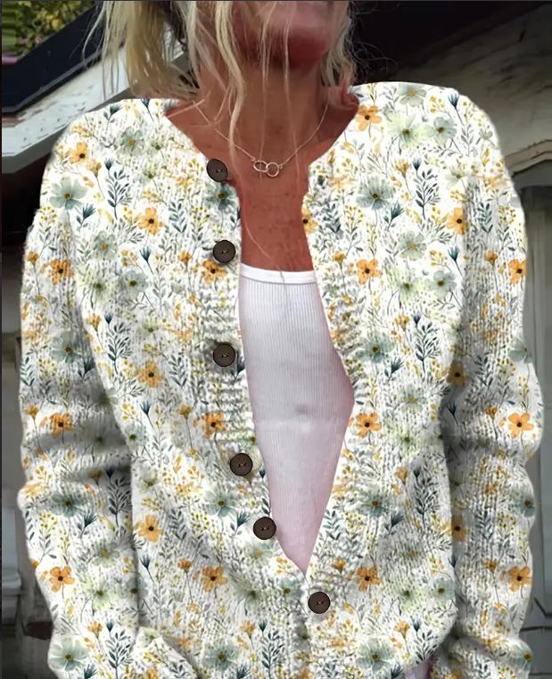 Women's Loose Fit 3D Print Round Neck Long Sleeve Cardigan Sweater