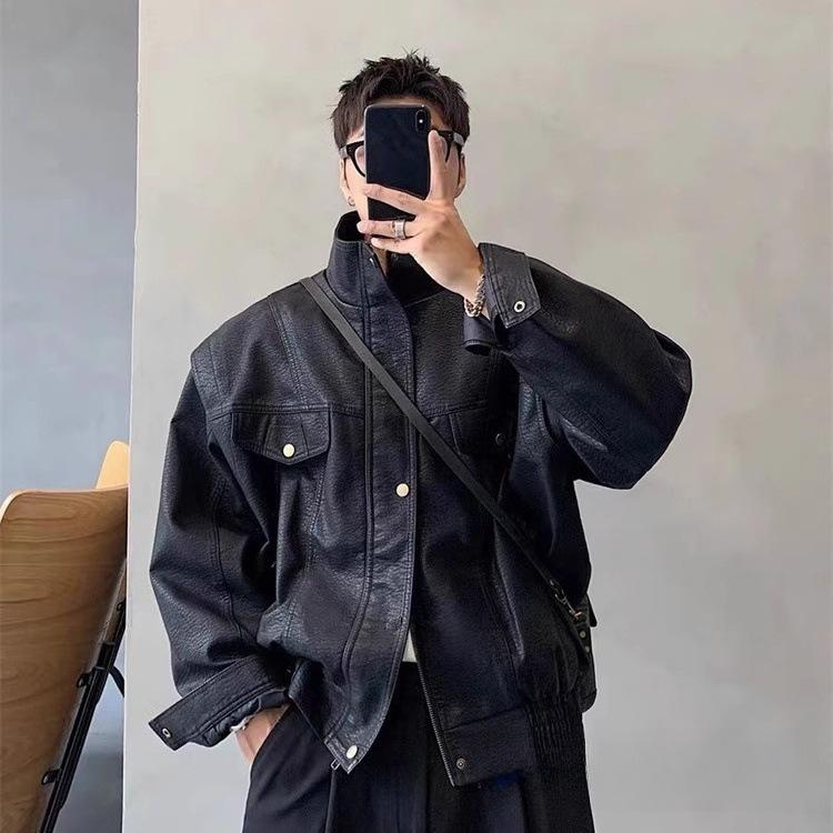 Unisex Loose Lapel PU Leather Motorcycle Jacket - Spring/Autumn Matte Litchi Texture Short Coat