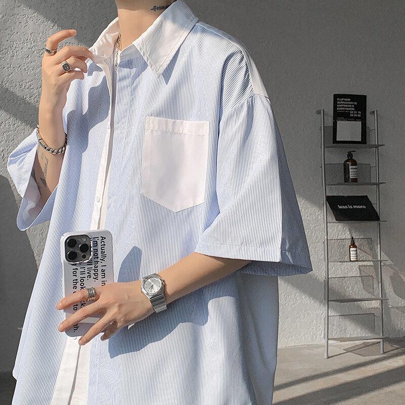 Contrasting Colors Striped Shirts Men's Clothing Stylish Patchwork Summer Turn-down Collar Loose All-match Short Sleeve Shirts
