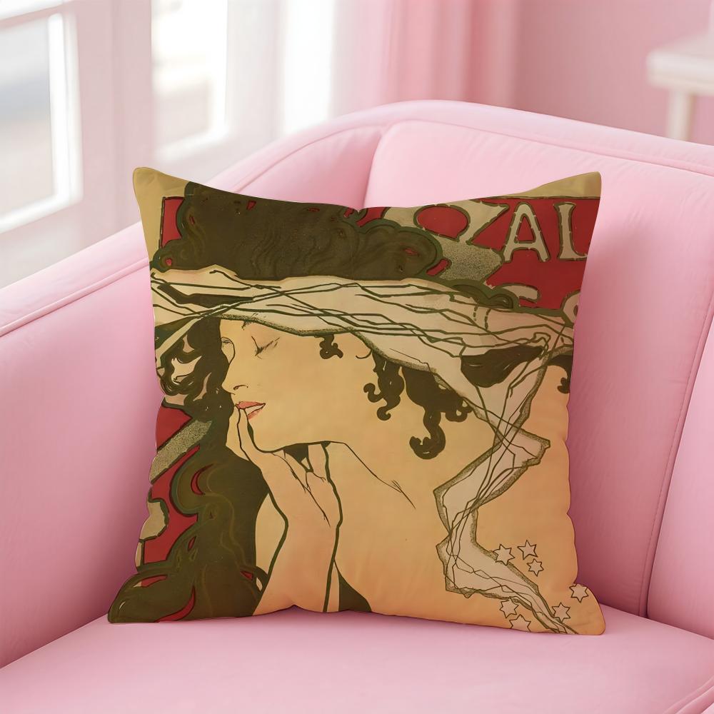 artistic AAlphonse Maria Mucha Cushion Cover Pillow Case Soft Skin Friendly Fabric Comfort Concealed Zipper