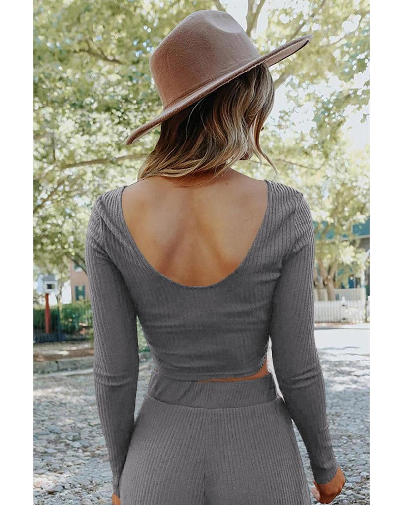 Azura Exchange Set Crop Top Gri cu Coaste și Pantaloni Lungi