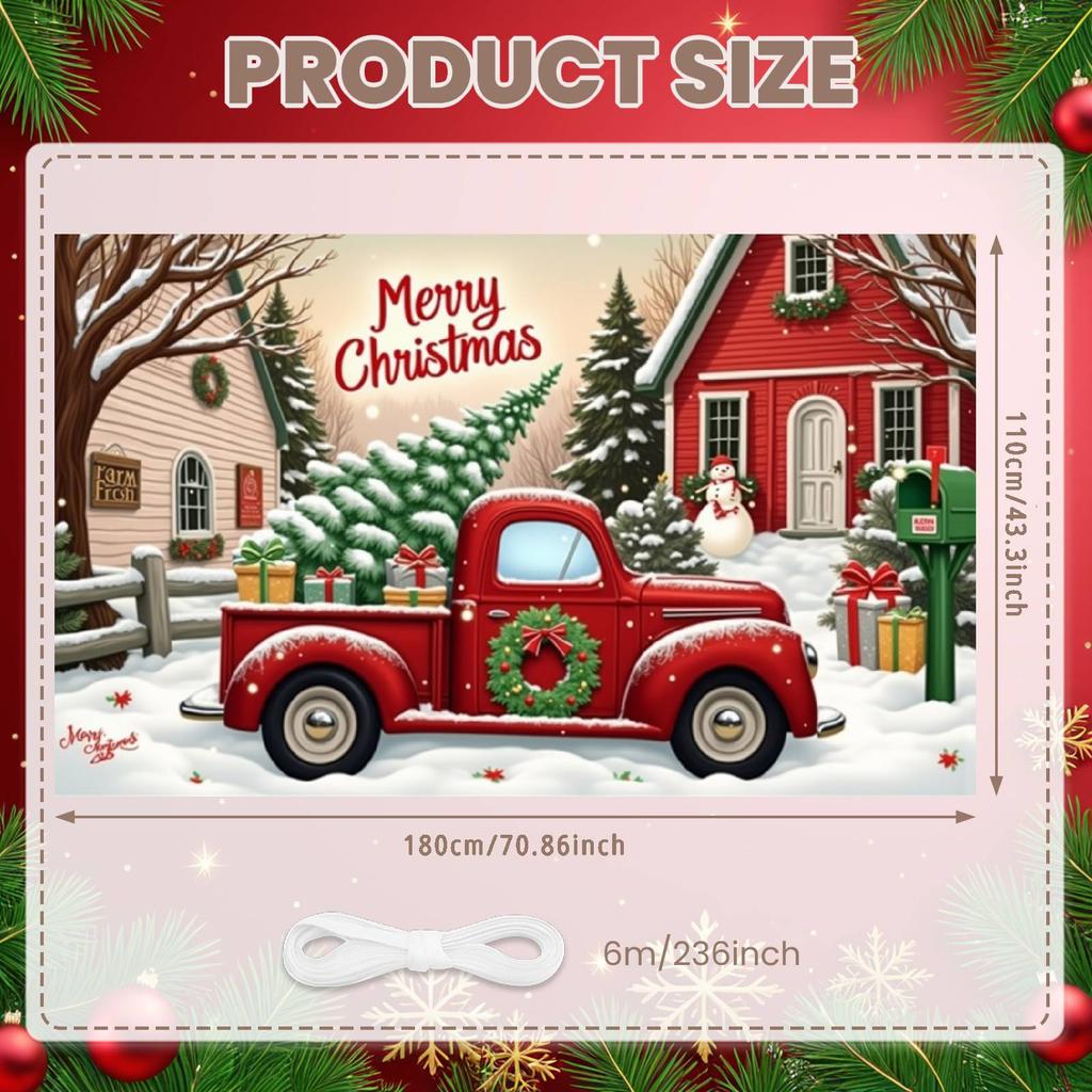 Winter Holiday Banner Red Truck Design Xmas Display Holiday Backdrop Wreath Ornament Snowy Christmas Backdrop For Christmas
