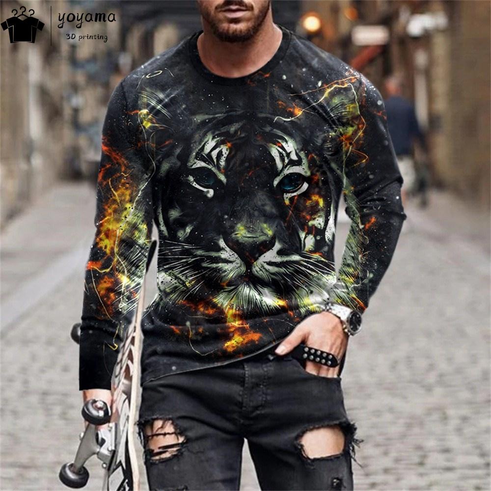 Tiger Print Men's Clothing Casual Loose Men's Shirts 3D Print Tiger Graphic T Shirts Breathable Men's Long Sleeve T-shirt Tops