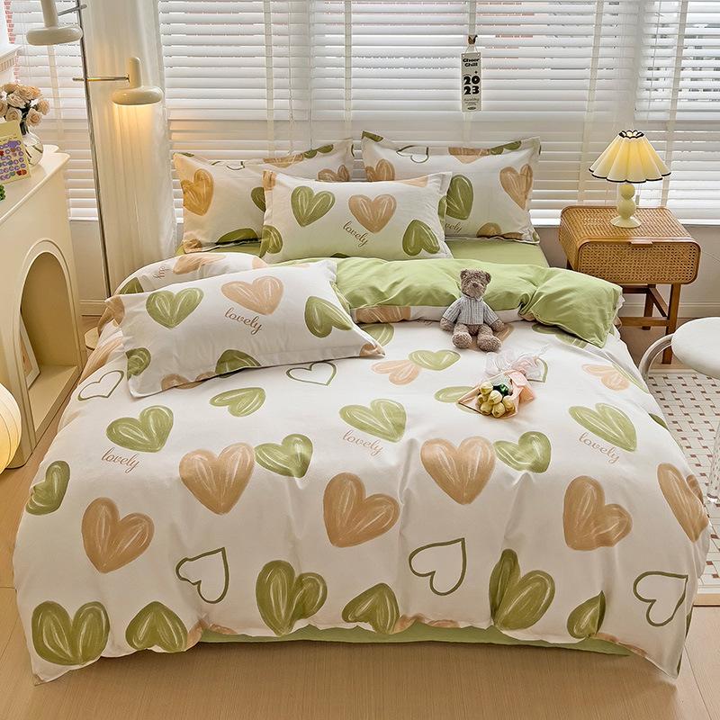 Small Fresh Pure Cotton Brushed Four-piece Set Thickened Washed Cotton Sheets and Quilt Covers Dormitory Three-piece Bedding Set