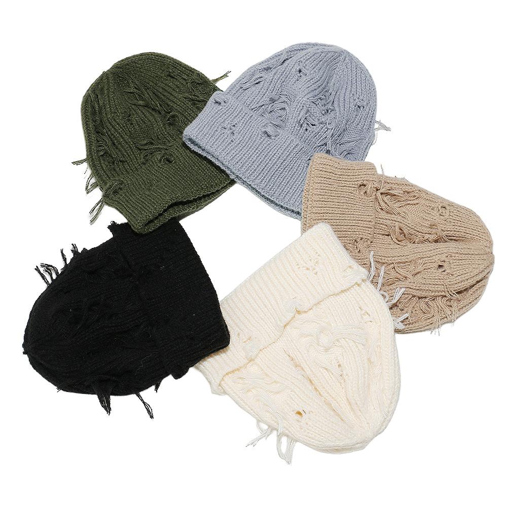 Winter niche old ripped wool hat female personality versatile knitted hat hip hop cold hat men and women