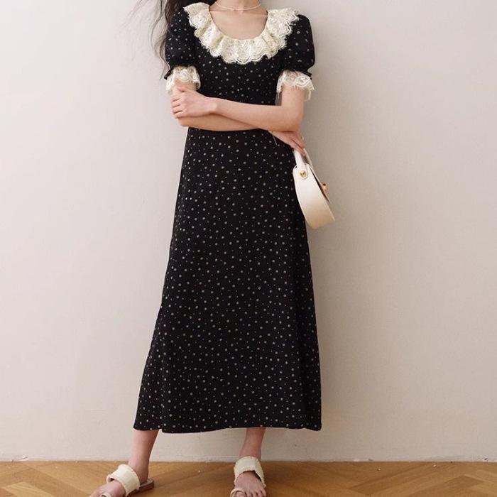 Black Floral Ruffle Midi Dress - Short Sleeve Summer Tea Dress 2025 Medium