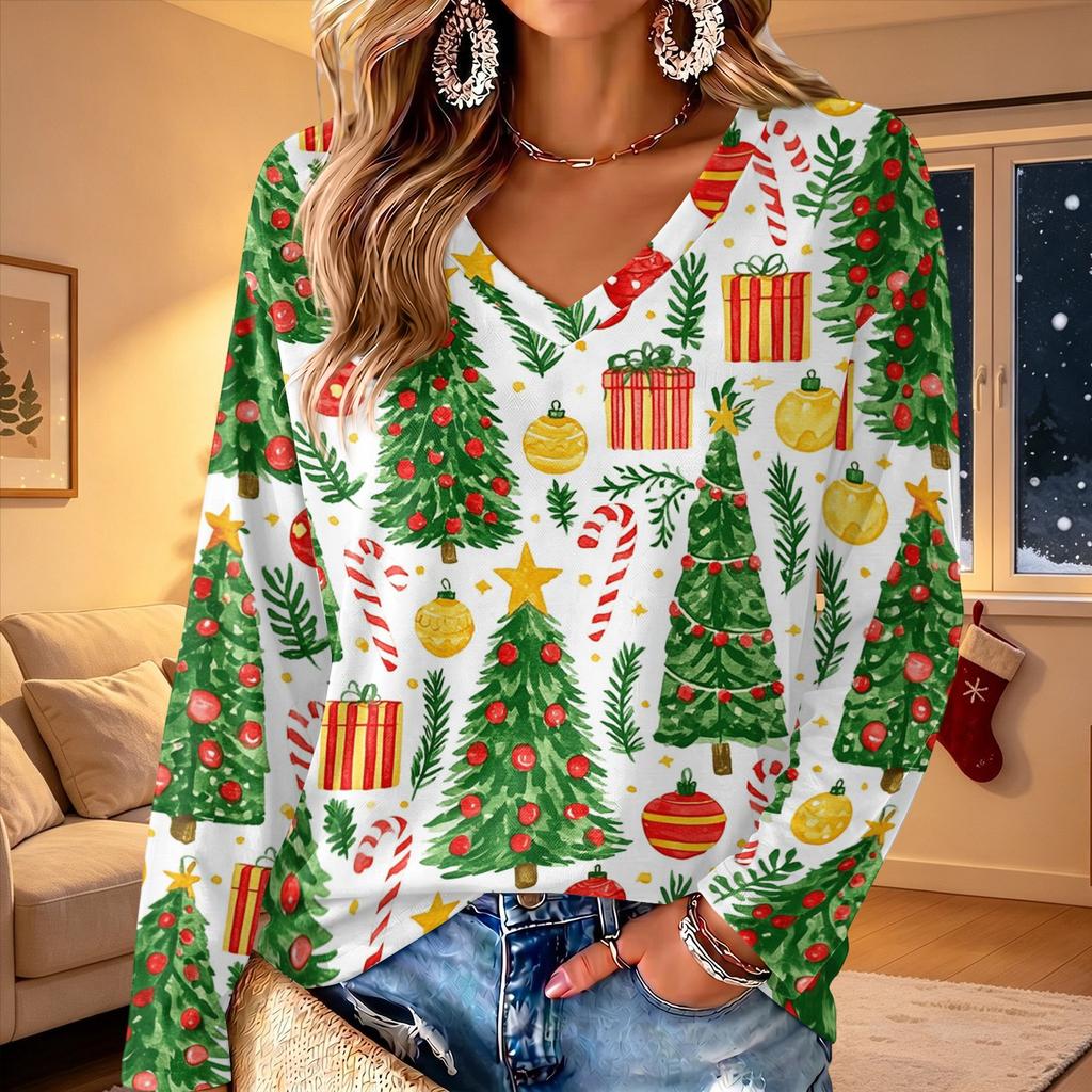 Women's V-Neck Long Sleeve Christmas Printed Lightweight Top for Spring and Summer