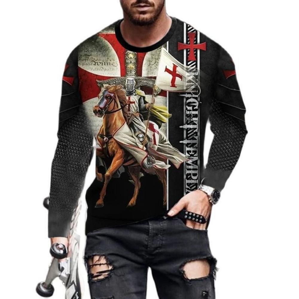 Knight Warrior Graphic Long Sleeve T-Shirt, Trendy Casual Streetwear for Men