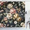 Vintage Shower Curtain, Nostalgic Flowers And Garden Leaves On Dark Petrol Blue Backdrop, Cloth Fabric Bathroom Decor
