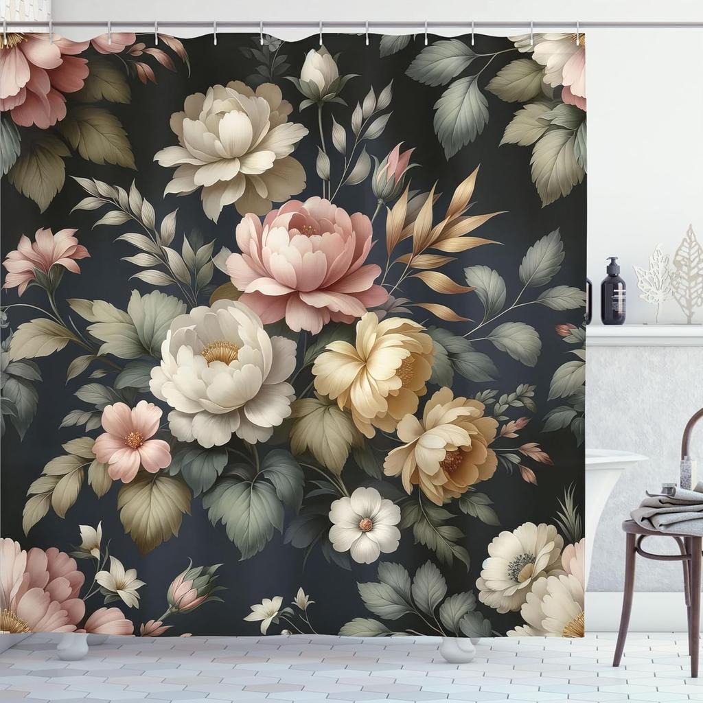 Vintage Shower Curtain, Nostalgic Flowers And Garden Leaves On Dark Petrol Blue Backdrop, Cloth Fabric Bathroom Decor