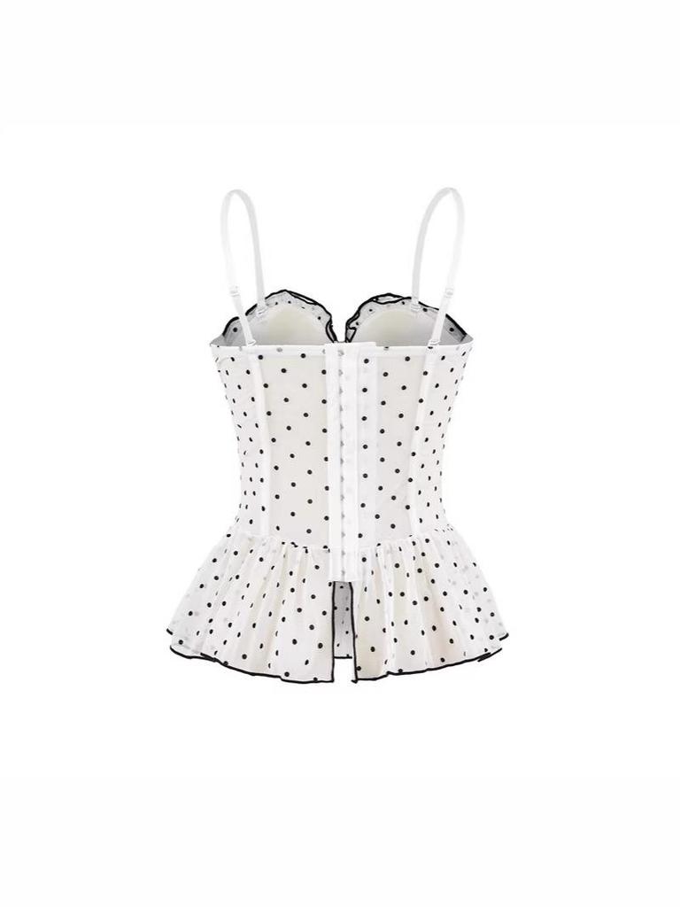 Korean Elegant Polka Dot Ruffle Camisole, Slim Fit with Chest Pads, Waist-Cinched, Flattering Lace Top for Women