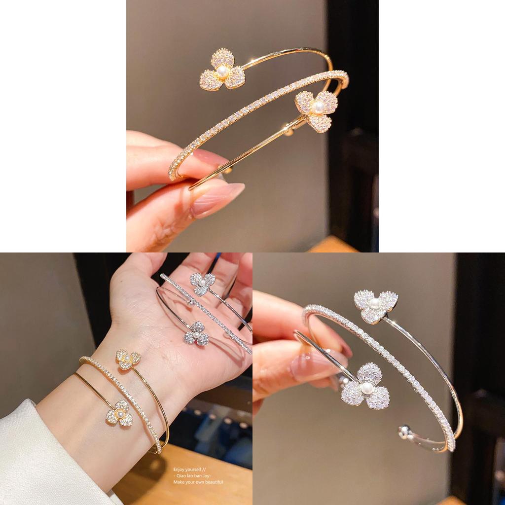 Zircon Pearl Flower Three Layer Open Bracelet With Elegant Design For Women