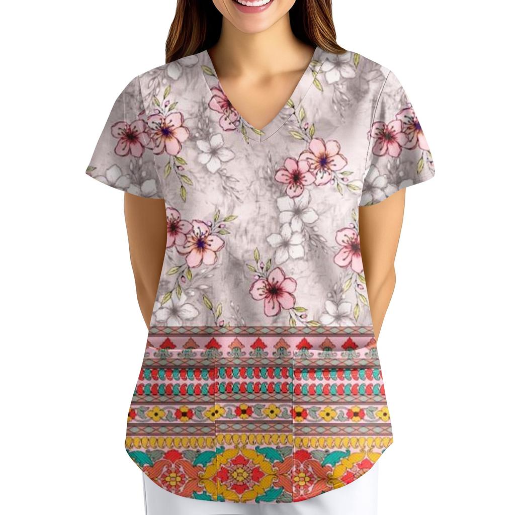Plus SizePrinted Scrub Working Uniform Tops For Women's Cross V-Neck Print Short Sleeve Fun T-Shirts Workwear Tee With Pockets