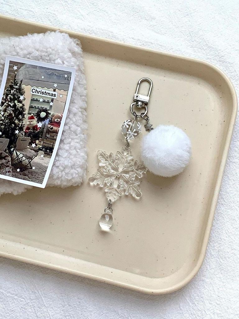 Snowflake Phone Charm Winter White Fur Ball Glass Clear Star Bead Cellphone Strap Keychain Wallet Camera Schoolbag Decor Jewelry