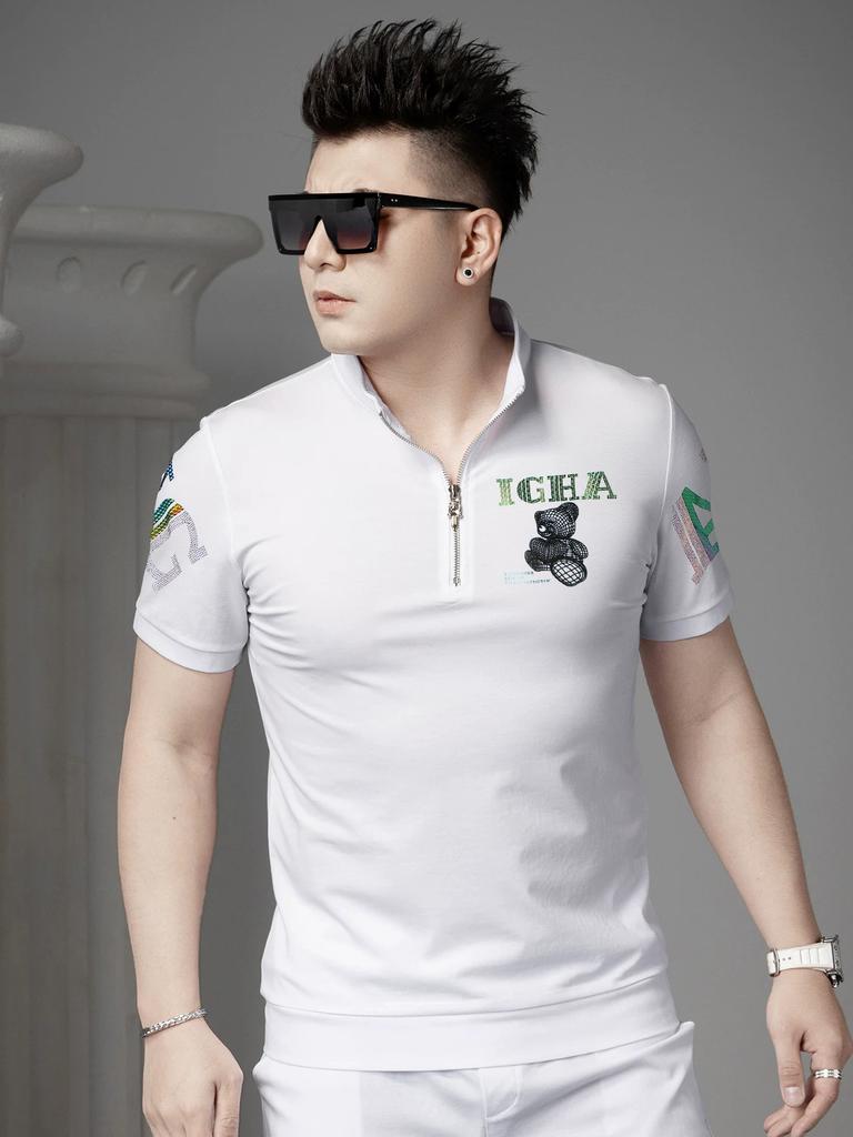 Ozhouzhan Bear Print Hot Drilling Short Sleeve T-shirt Men 2025 New Summer Trendy Stand Collar Half Sleeve Polo Shirt