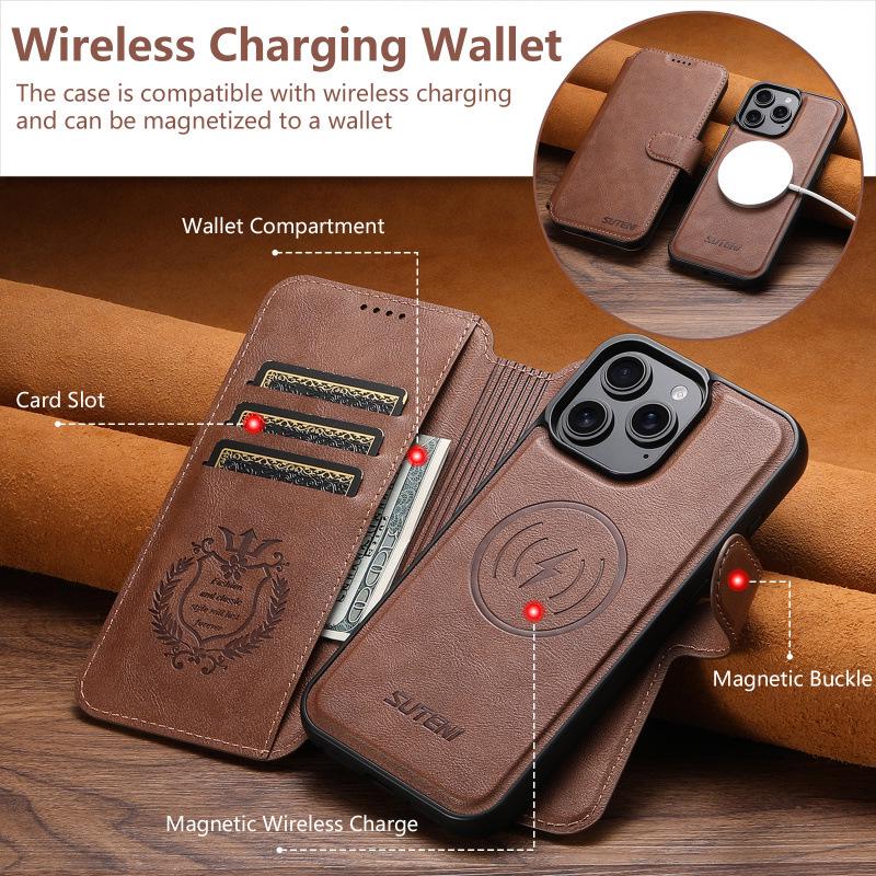 iPhone17 Pro Max Flip Case with Card Slot, Magnetic Snap, Wireless Charging Stand, and Leather Finish