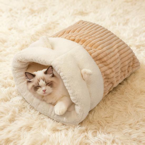Winter Cat Sleeping Bag Warm Plush Cat Sack with Cute Ears Cozy Cats Cave Bed Pet Hideaway Tunnel Calming Bed for Puppies Kittens Small Pets
