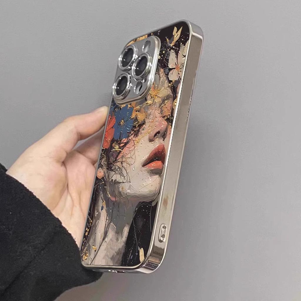 Oil Painting Girl Is Suitable for Apple 16promax Mobile Phone Case, New iPhone Electroplating Protective Case, New Model.