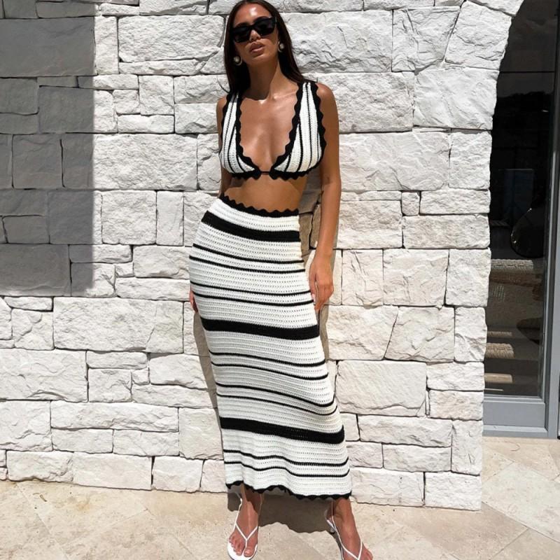 Striped Bohemian Two-Piece Set: V-Neck Sleeveless Crop Top High-Waisted Maxi Skirt Beach Vacation Small