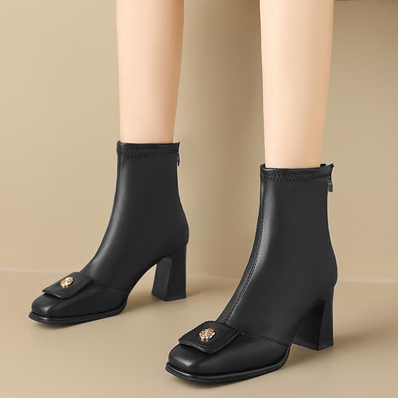 Fashion French Retro Square Toe Black Ankle Boots Women 2025 Winter Elegant High Heel Chelsea Boots Metal Decoration Designer Shoes 42