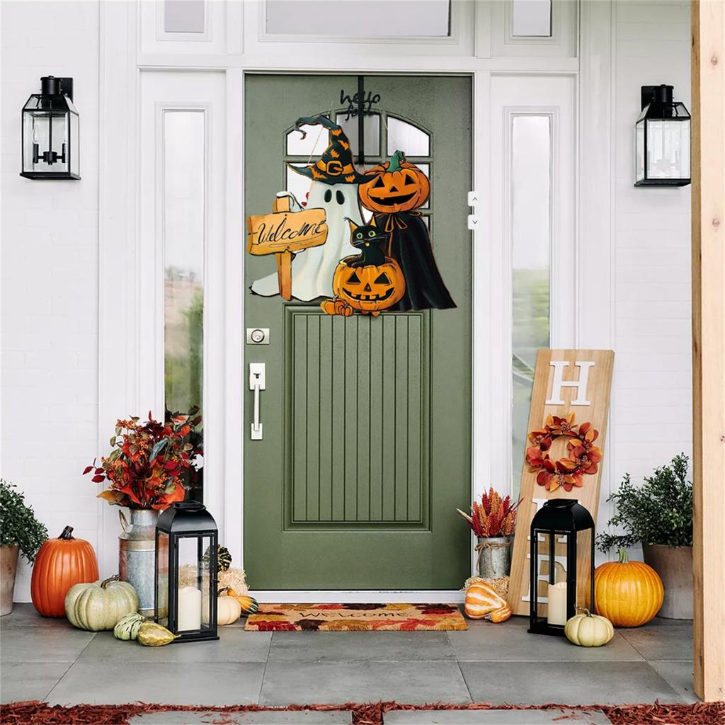 Halloween Welcome Sign Skeleton Wreath Wooden Halloween Party Decorations