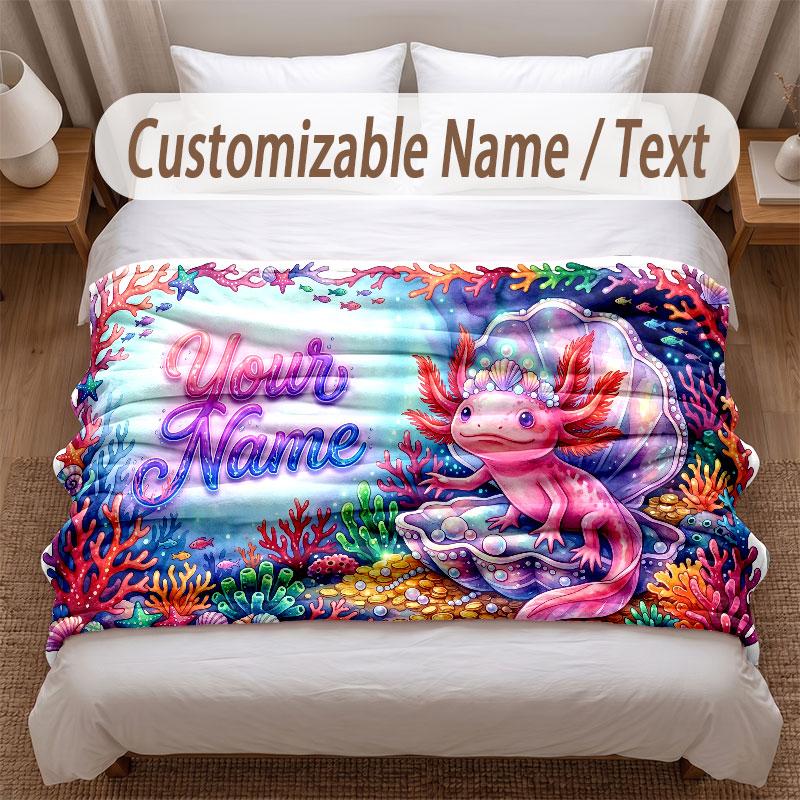 Axolotl Theme Soft Blanket Personalized Custom Name Text Print Warm Blanket Home Sofa Bedroom Decor