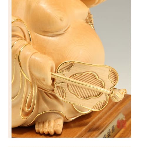 High-quality wooden carved Buddhist statue of Hotei made from cypress wood (15cm high x 11cm wide) - a good luck charm