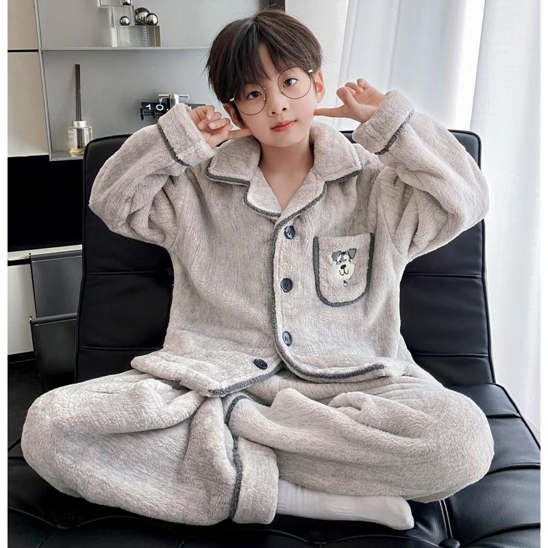 Jungen Warmes Korallenfleece Pyjama-Set Langarm Verdickt Hausanzug Kinder Winter